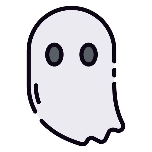 Ghost icon with a white face and black outline on a white background