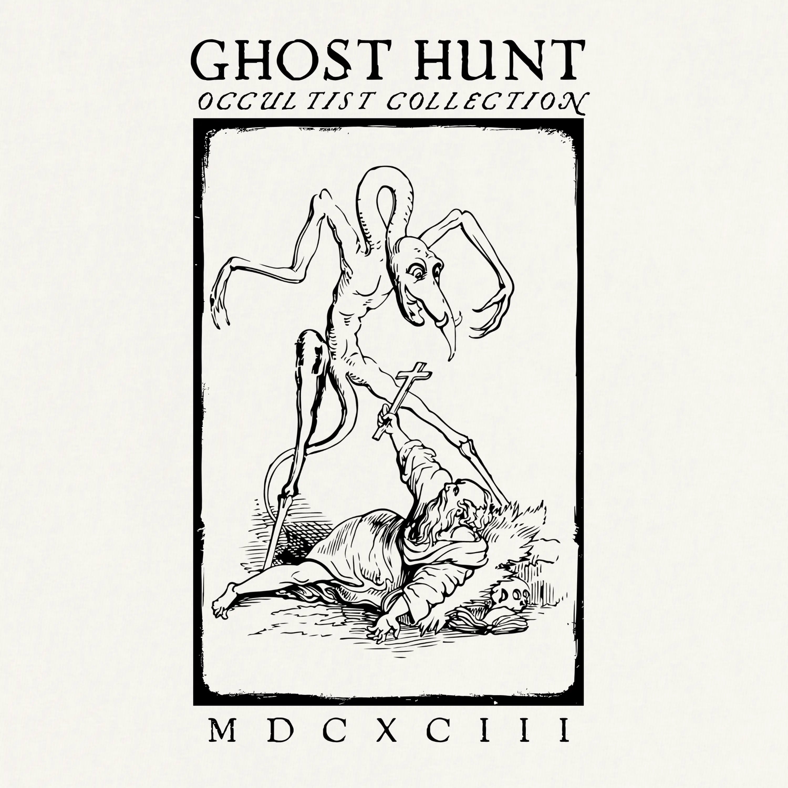 Illustration of a ghostly figure with a skeleton hand holding a cross, labeled 'Ghost Hunt Occultist Collection MDCXCIII'.