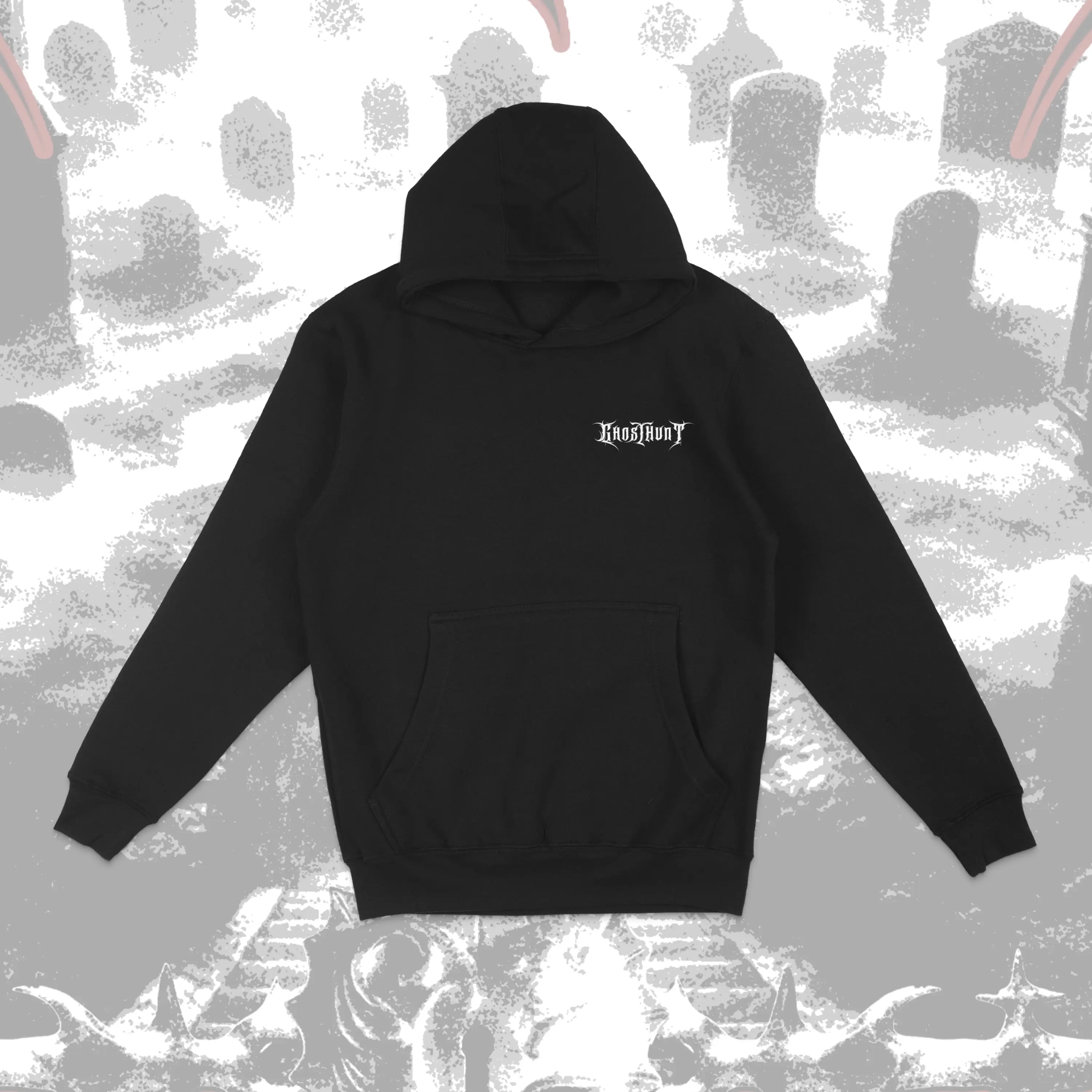 Black hoodie with a logo on the chest against a abstract patterned background