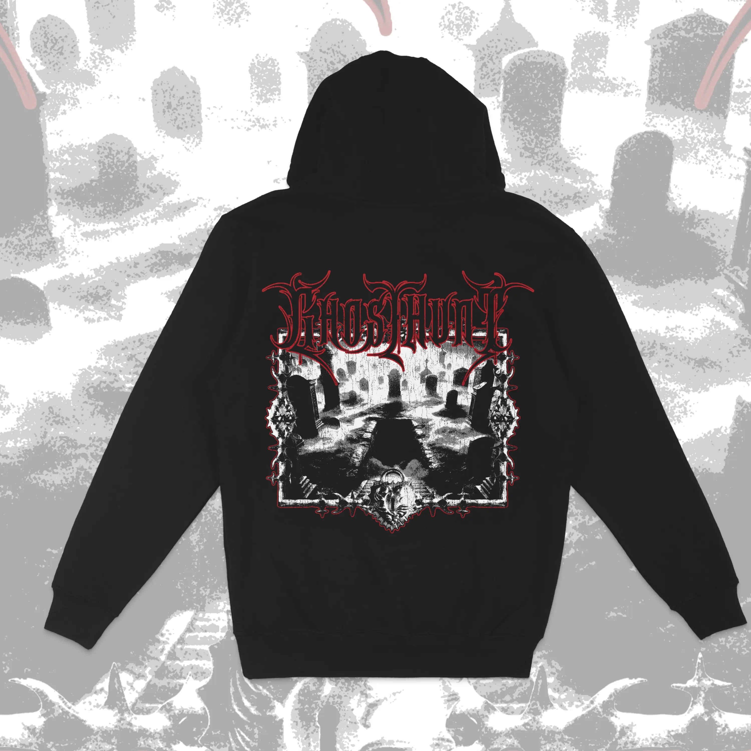 Black hoodie with red and white graphic design on a textured background