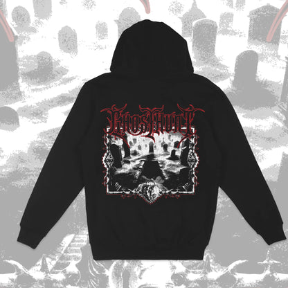 Black hoodie with red and white graphic design on a textured background