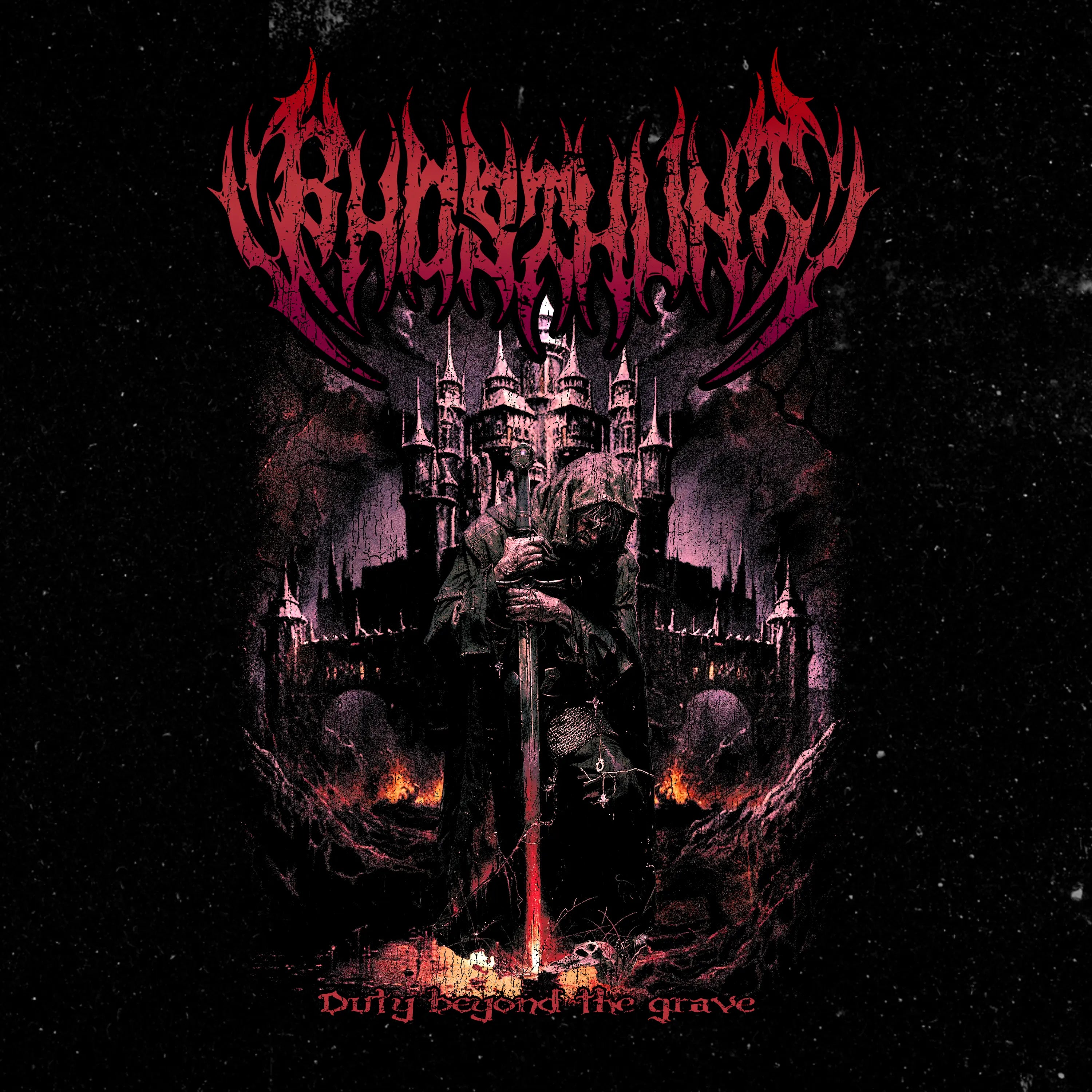 Album cover with a dark, gothic design featuring a castle and a figure holding a sword, with text 'Whasthult' and 'Duly Beyond the Grave'.