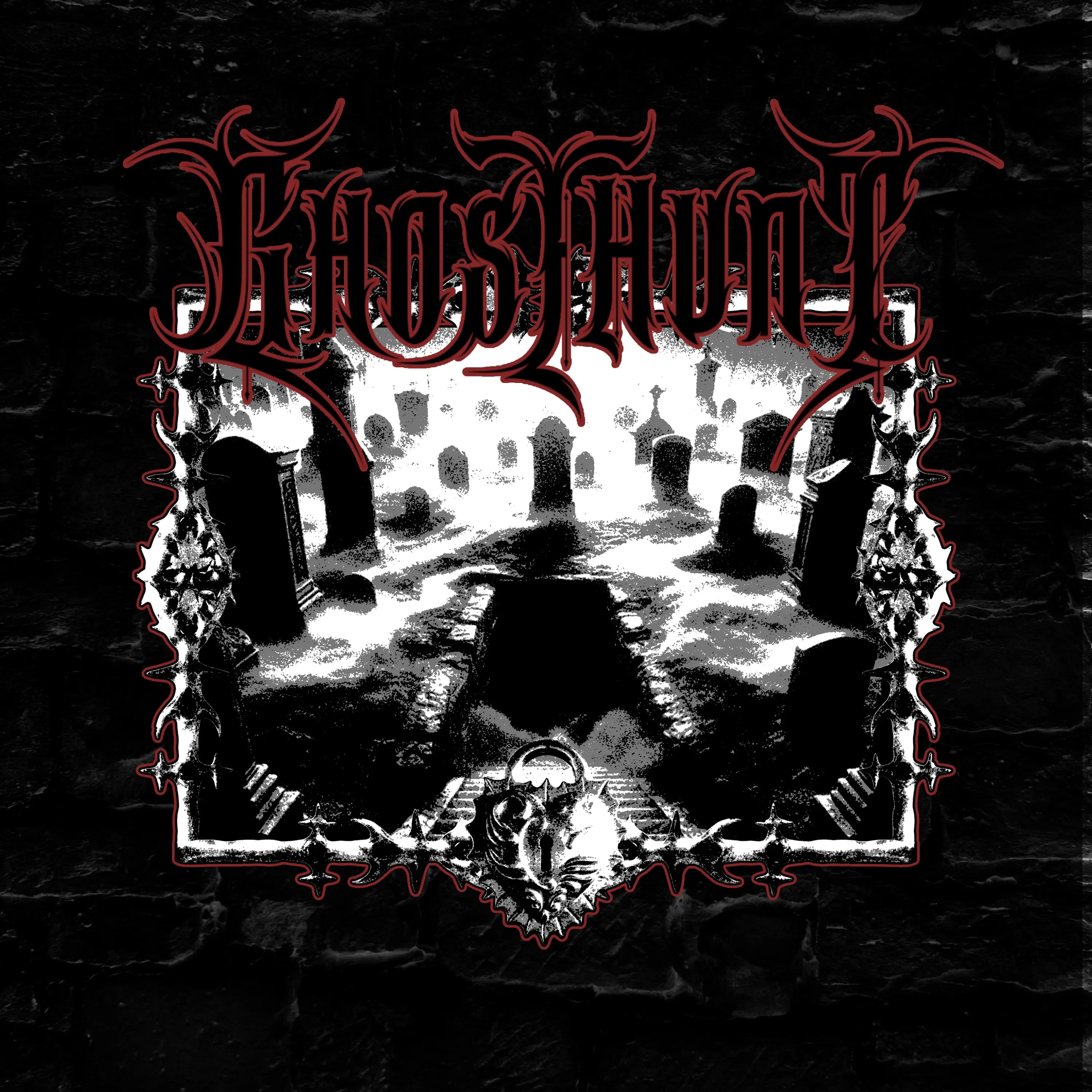 Album cover with gothic text and a cemetery scene on a dark background