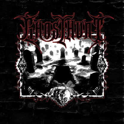 Album cover with gothic text and a cemetery scene on a dark background
