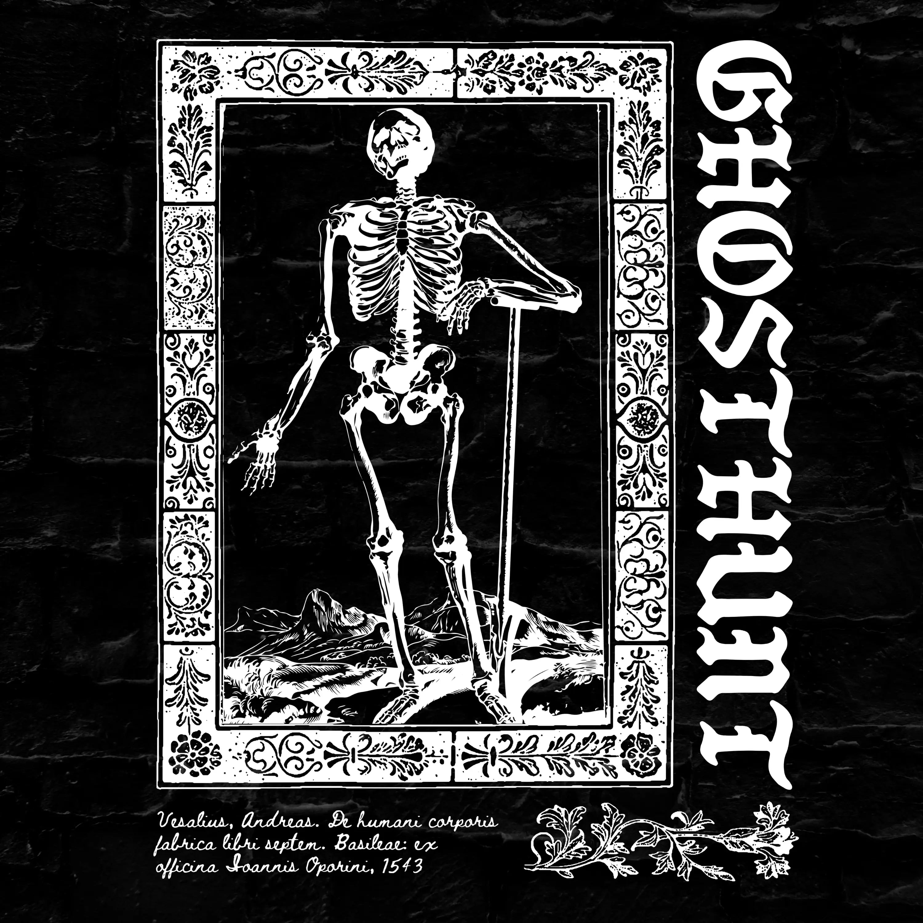 Skeletal figure with a cane on a black background with 'Ghosthunt' text.