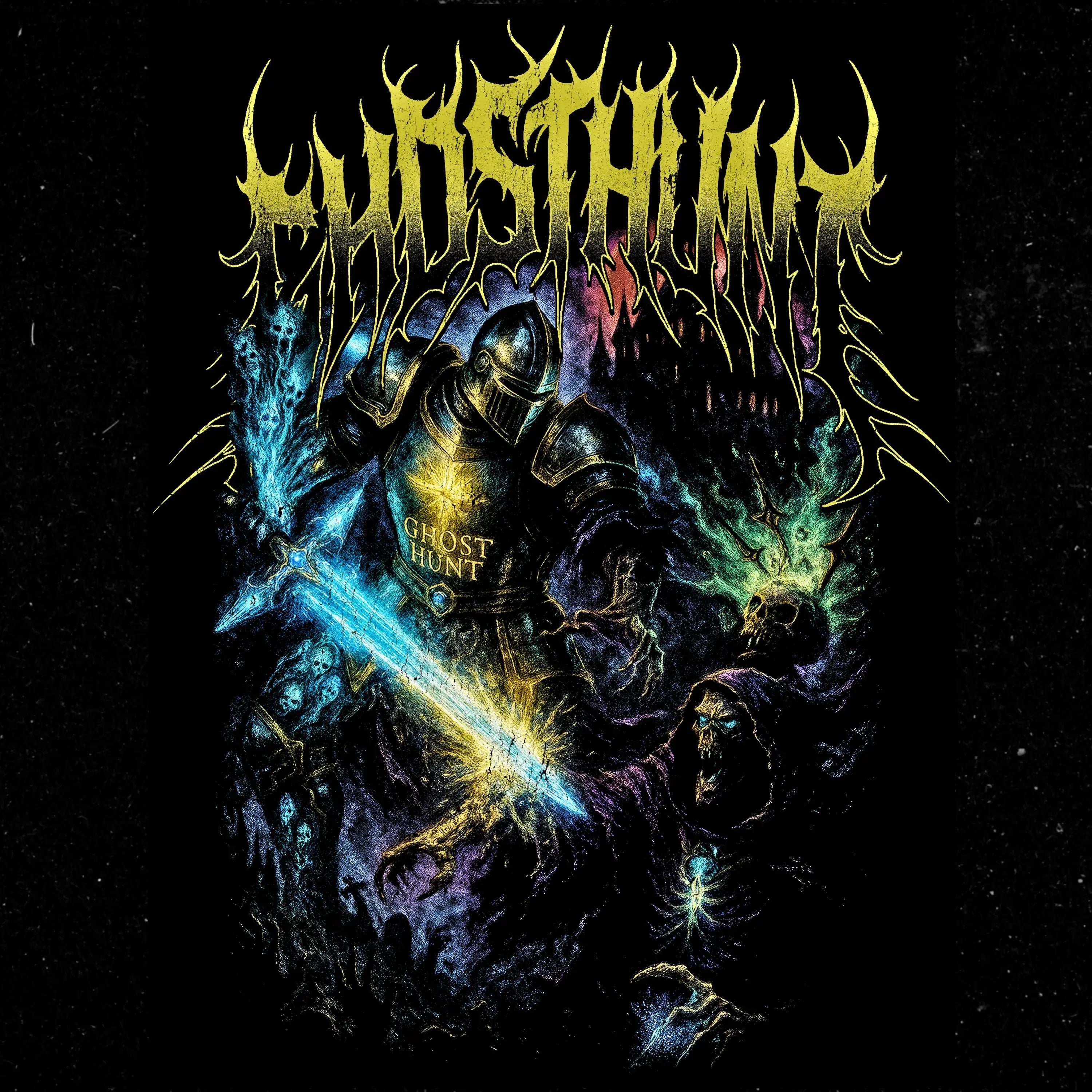 Artistic depiction of a warrior with a sword, surrounded by mystical elements, on a dark background with 'Hufthaim' text.