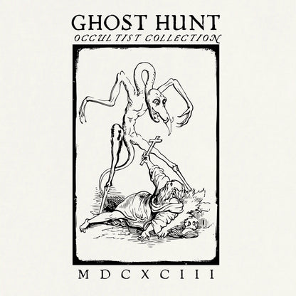 Illustration of a ghostly figure with a skeleton hand holding a cross, labeled 'Ghost Hunt Occultist Collection MDCXCIII'.