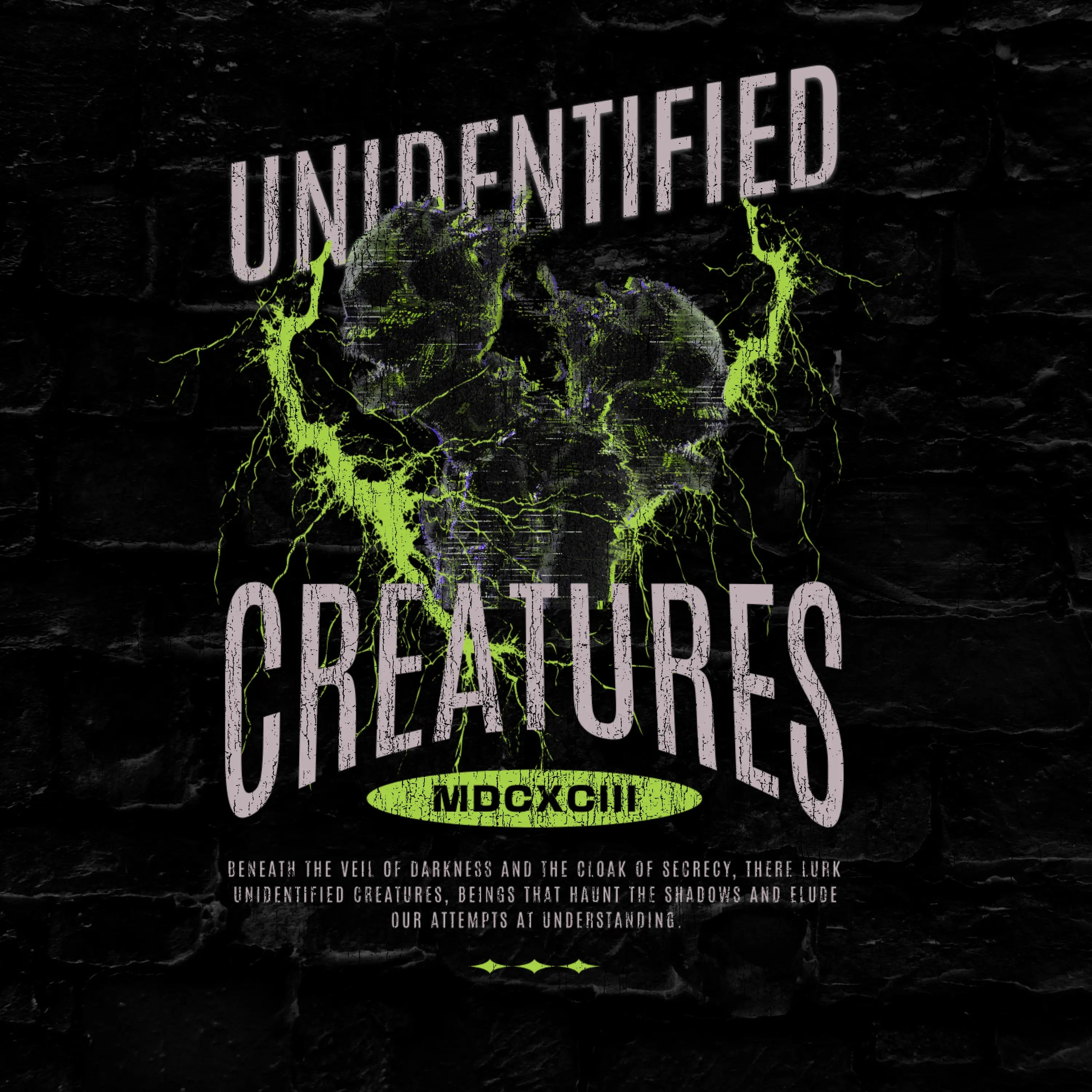Dark background with 'Unidentified Creatures' text and green glowing elements